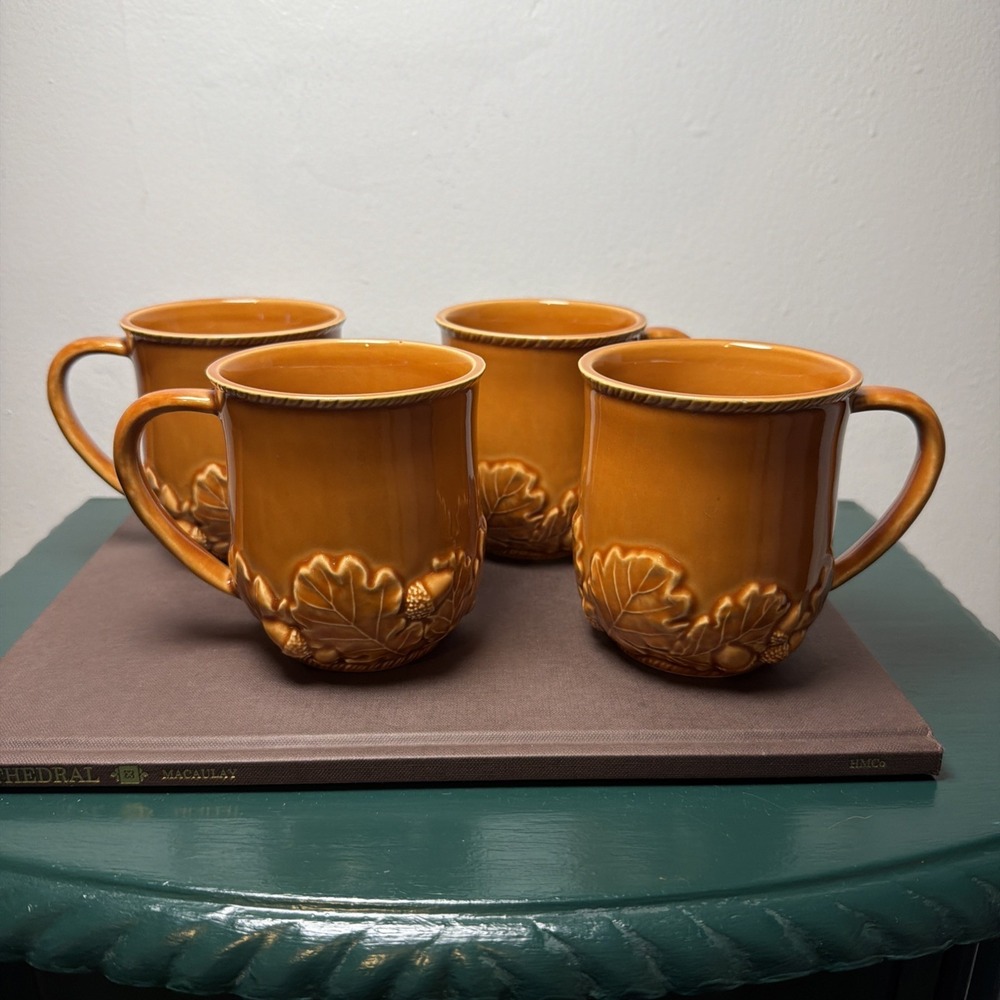Bordallo Pinheiro Retired Rare Oak Leaf Acorn Amber Set Of 4 Mugs Portugal